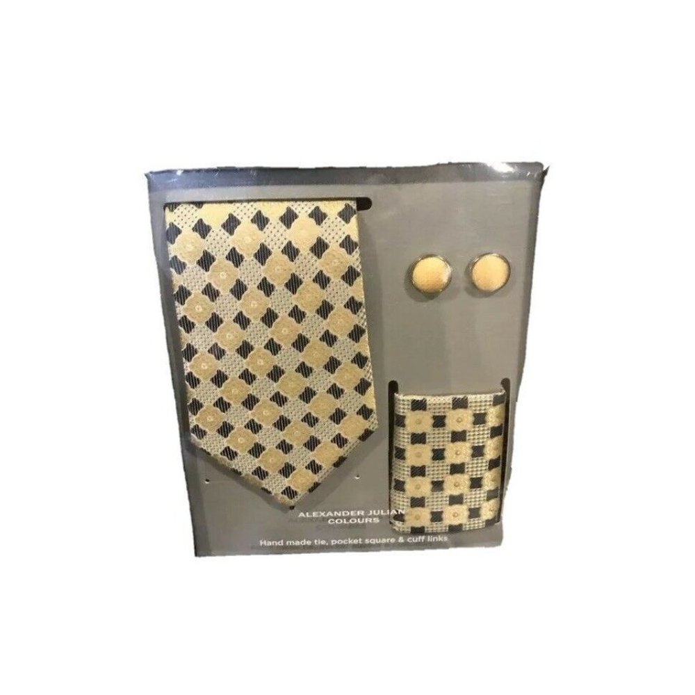 Alexander Julian Colours Hand Made Tie Pocket Square Cuff Links New in Box Gold